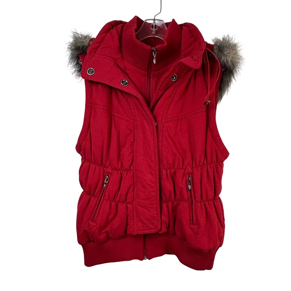 INC International Concepts Red Puffer Vest Faux Fur Hood Cotton XL